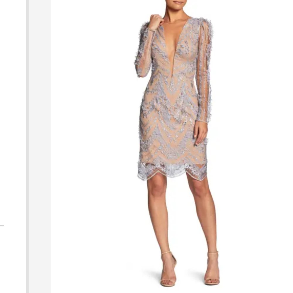 Dress the Population Jamie Lace Sheath Dress - Mineral Blue/Nude